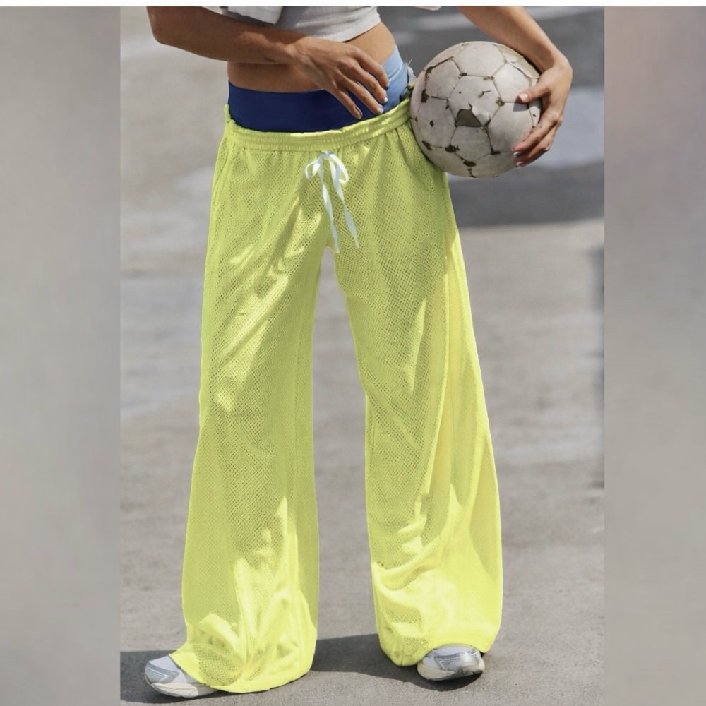 FREE PEOPLE Overtime Wide Leg Mesh Pants in Dour Citrus NWOT $98